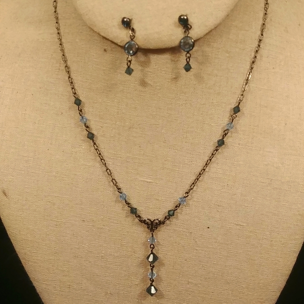 Cheryl Reis Blue Crystals Black Chain 16" Necklace & Drop Earrings Set
